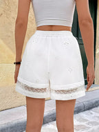 Women's White Elastic Waist Shorts With Floral Embroidery Lace Trim Casual Loose Summer Shorts