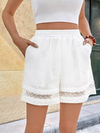 Women's White Elastic Waist Shorts With Floral Embroidery Lace Trim Casual Loose Summer Shorts