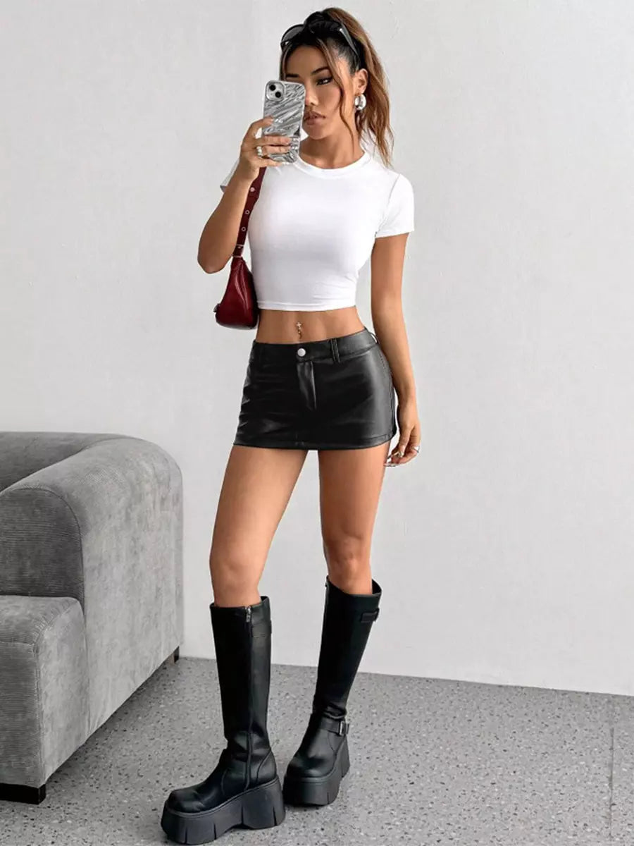 Skirts Black Low Rise Waist PU Leather Sexy Spring Mini Women's Bottoms