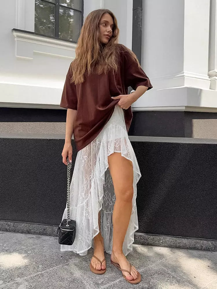 Skirts White Lace Elegant Irregular Knee Length Women's Bottoms