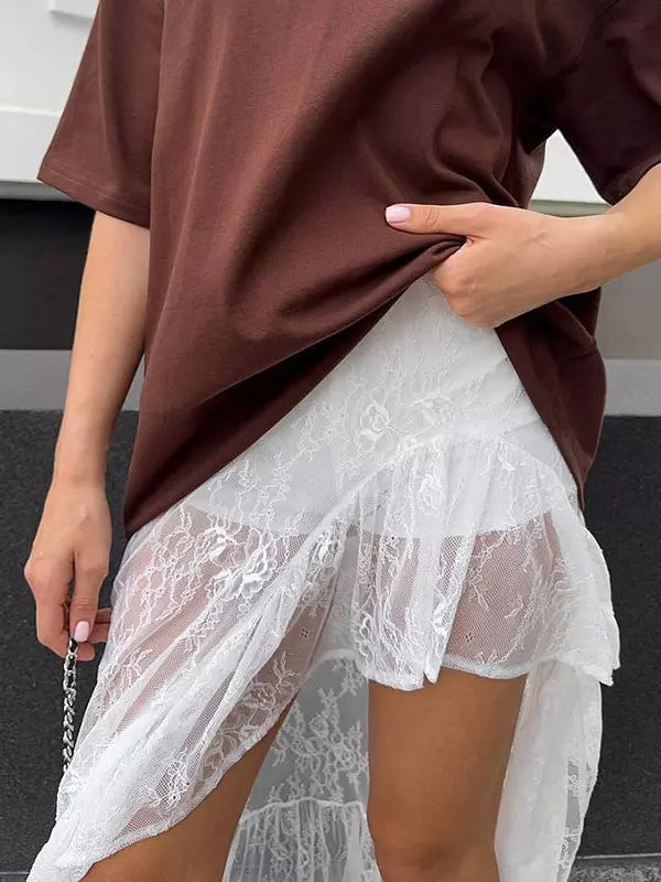 Skirts White Lace Elegant Irregular Knee Length Women's Bottoms