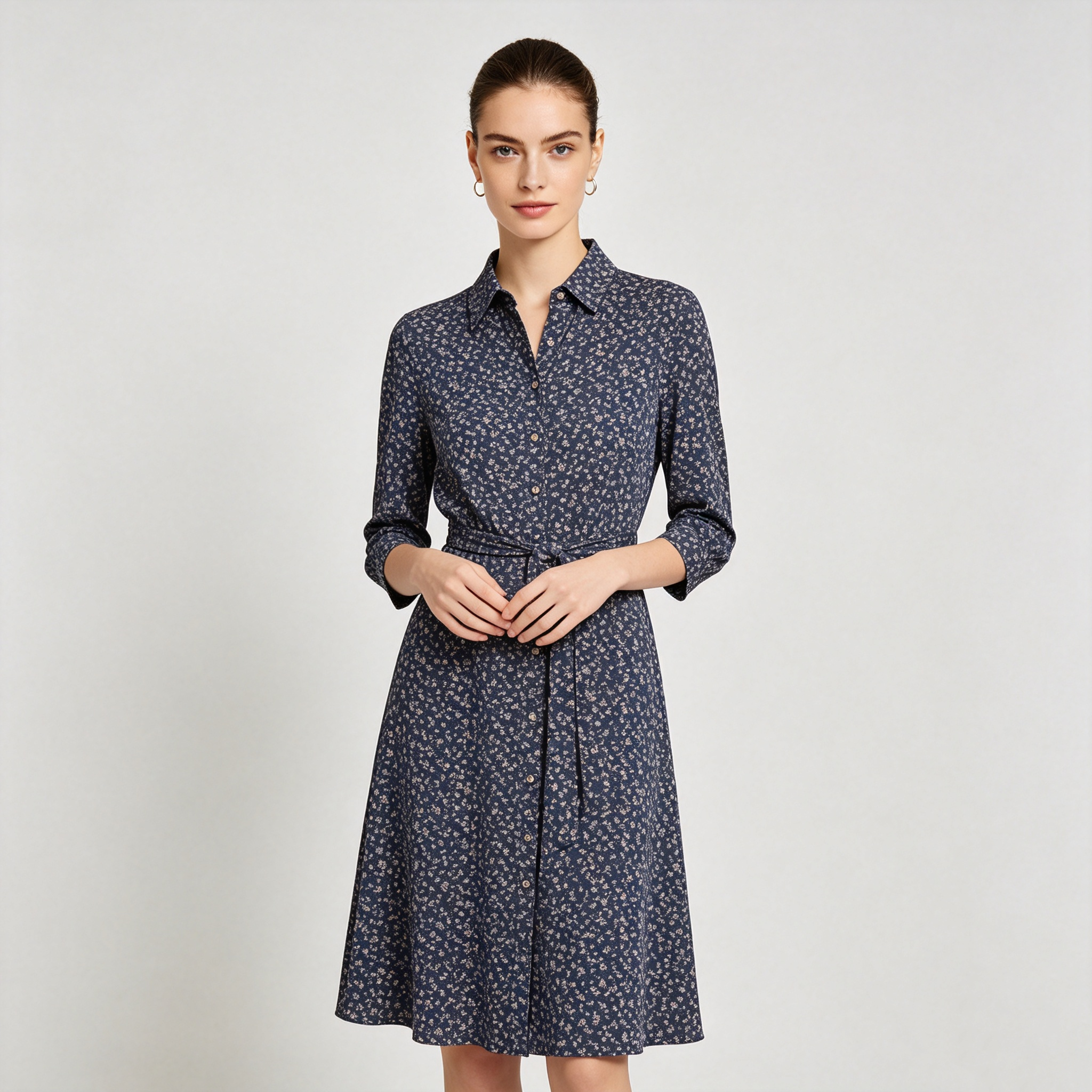 Navy Ditsy Floral Collared Shirt Midi Dress with Waist Tie