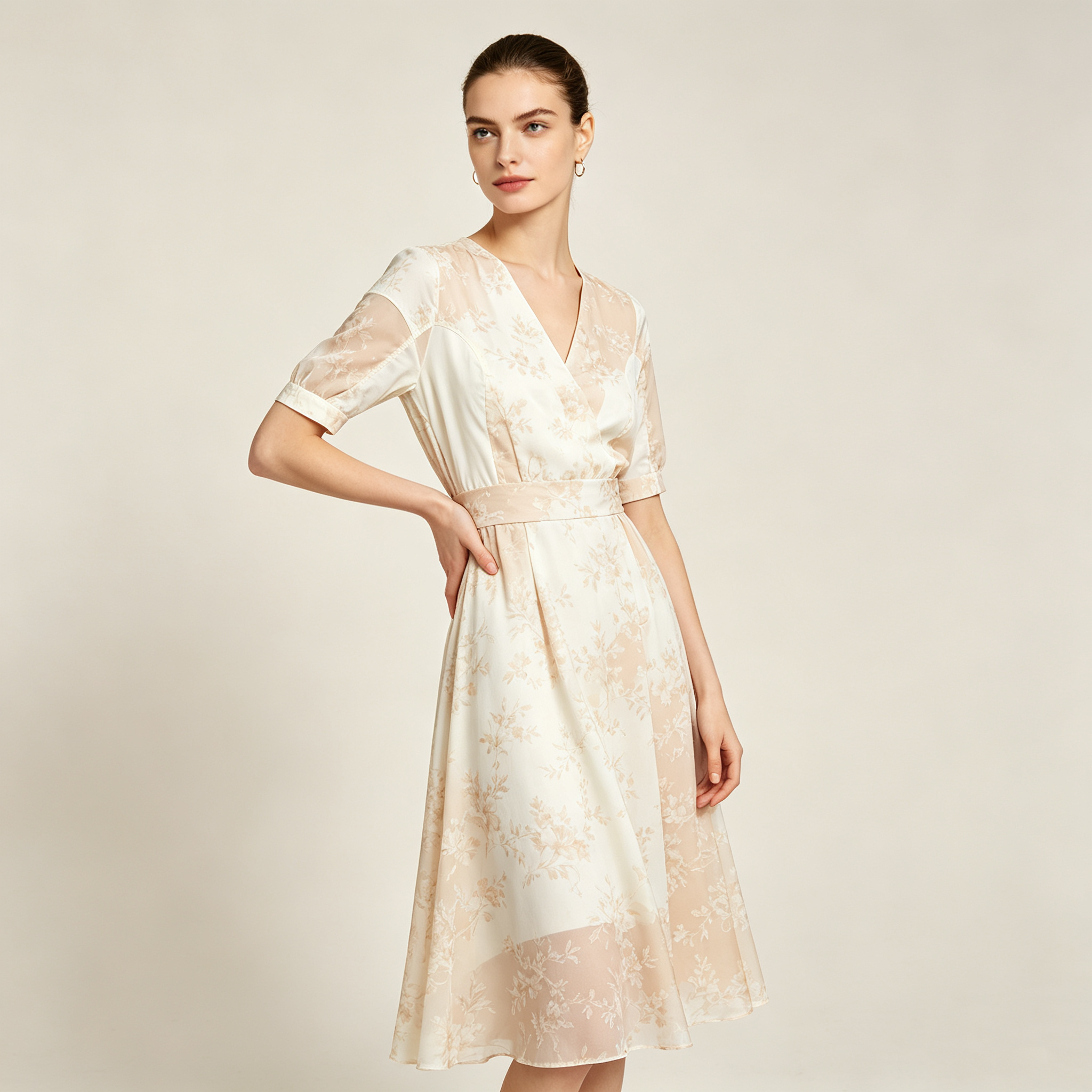 Cream V-Neck Midi Tea Dress with Dainty Ruffle Details