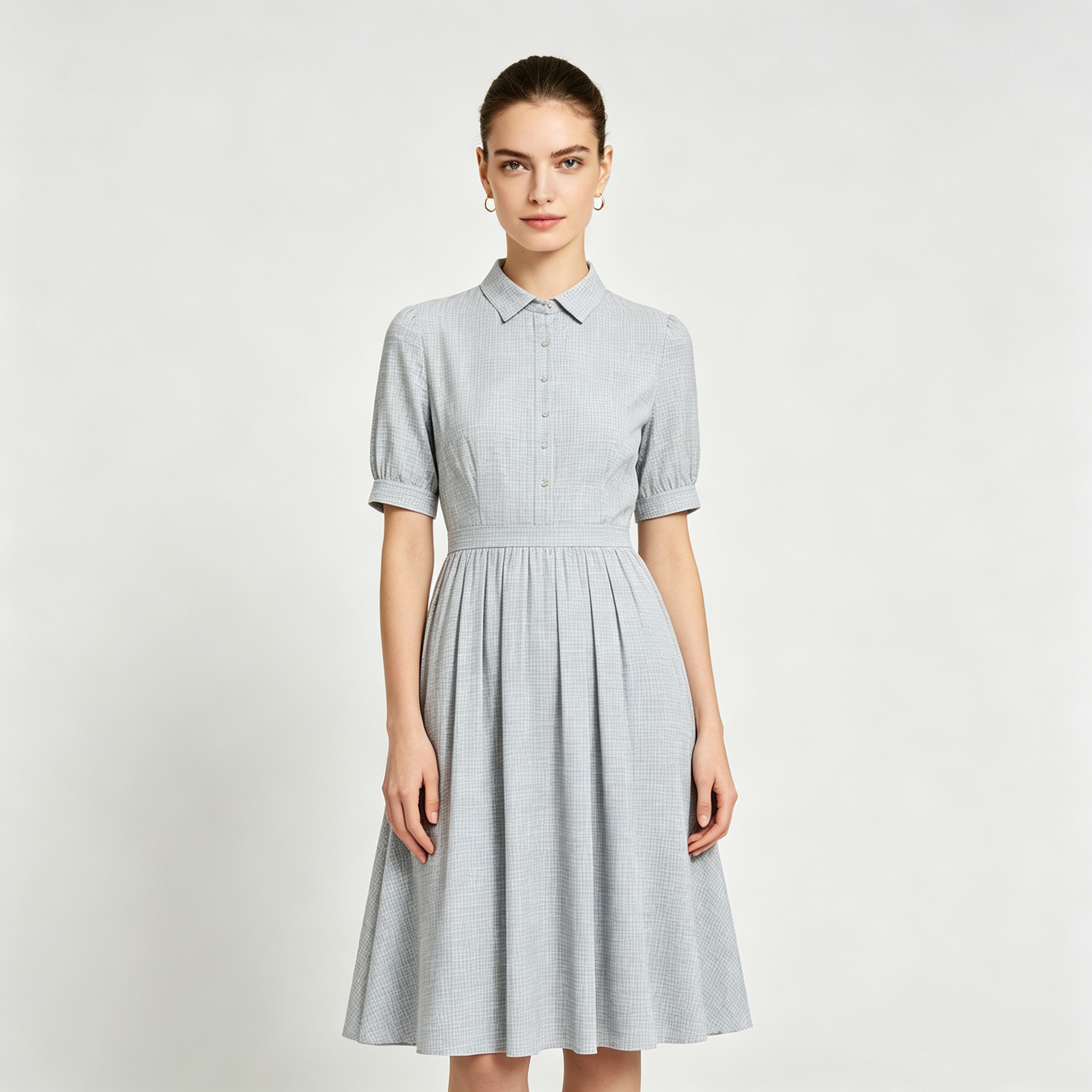 Light Grey Grid Collared Shirt Midi Dress with Puff Short Sleeves