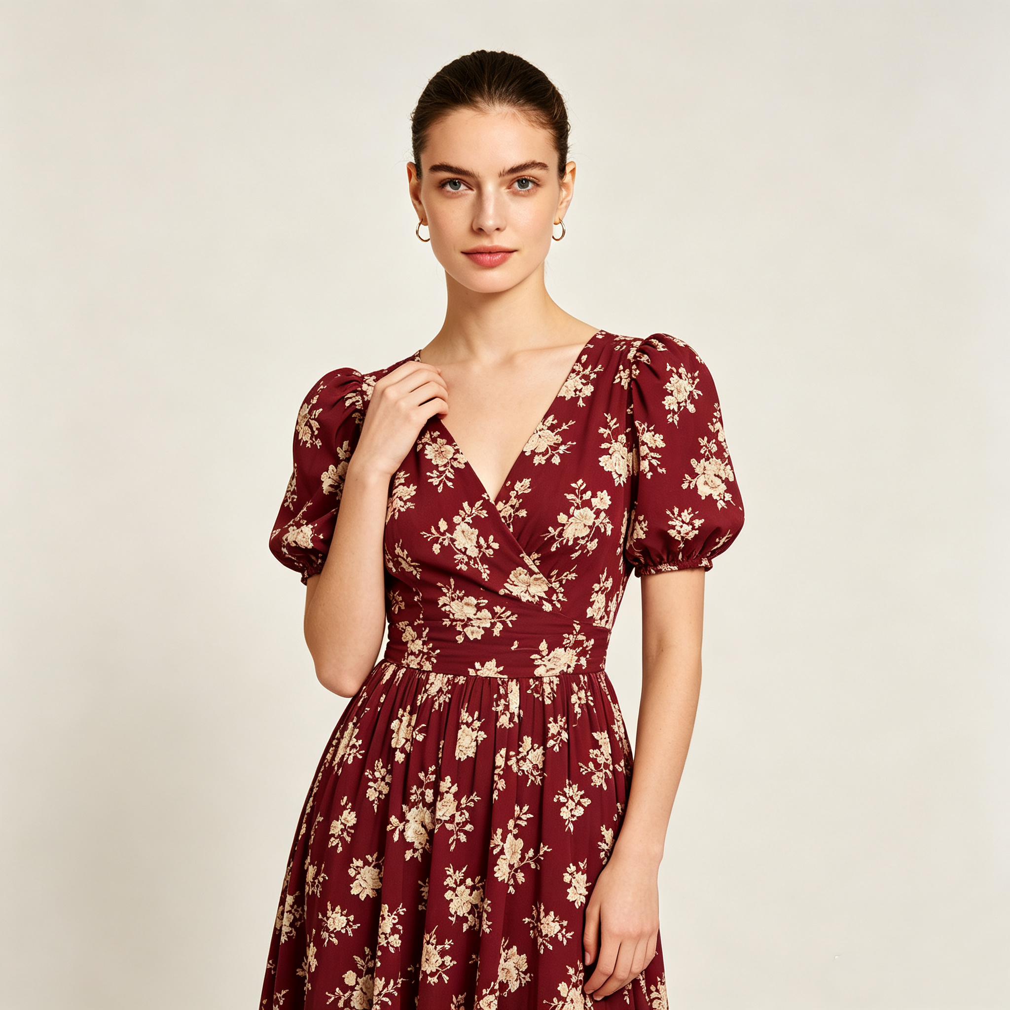 Burgundy Floral Wrap Midi Dress with Puff Short Sleeves