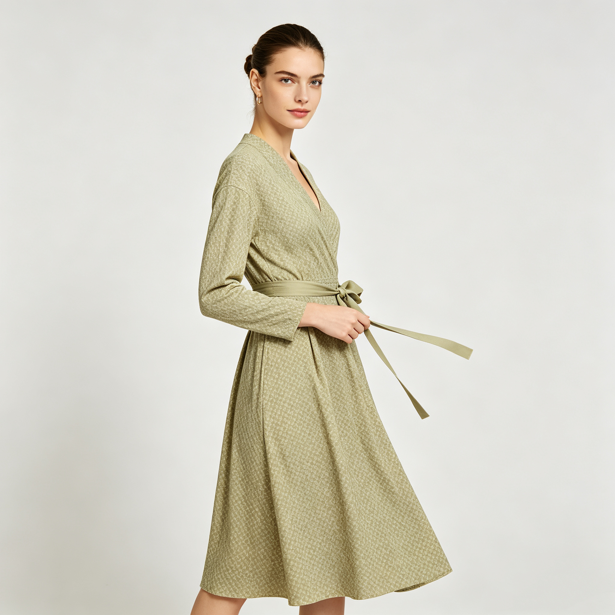 Sage Green Subtle Print Wrap Midi Dress with Long Sleeves